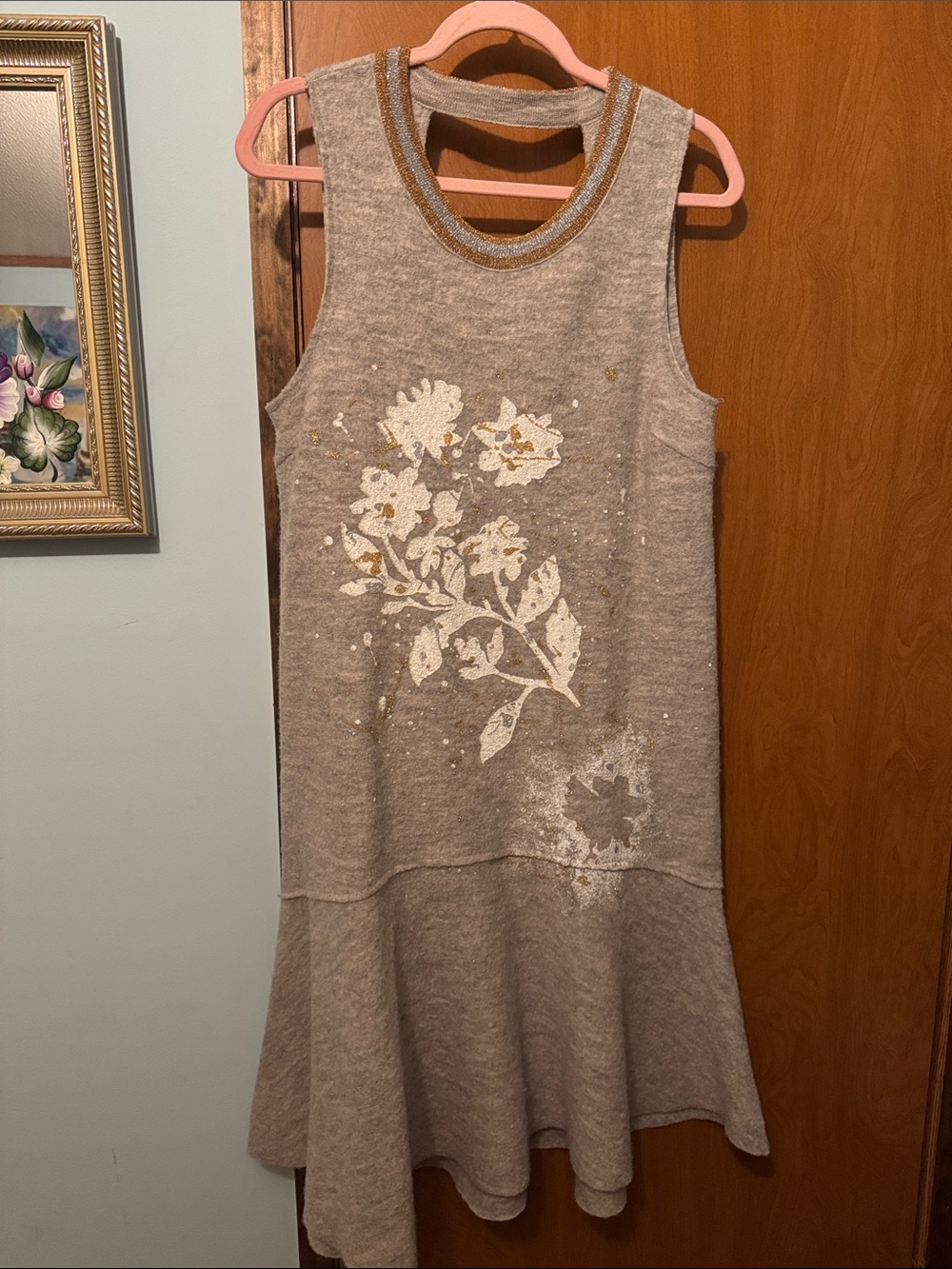 Anthropologie Gray Sleeveless Floral Drop-Waist Dress with Metallic Neck Trim